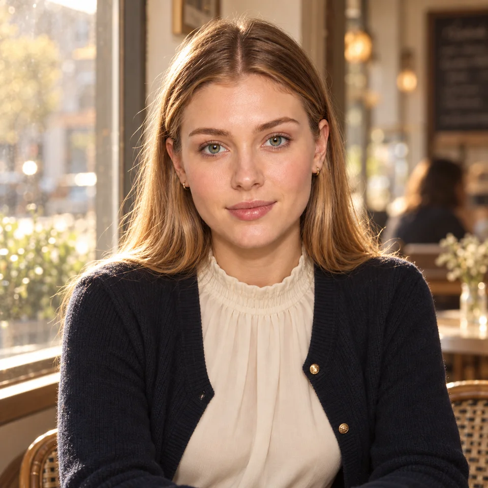 Realistic adult character with center-parted light brown hair and green eyes, wearing a navy cardigan by a cafe window