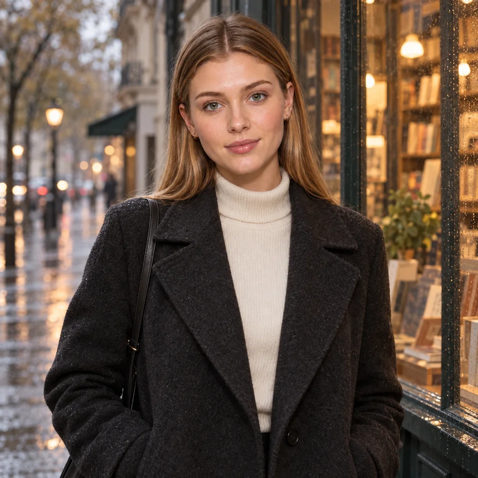 The same adult character in a charcoal coat outside a bookshop on a rainy street